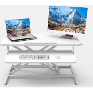 Staand bureau, in hoogte verstelbaar, bureau-opzetstuk, zit-sta-computertafel, 80 x 40 cm, met twee monitoren, toetsenbordhouder, wit