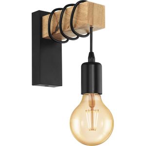 EGLO Townshend Wandlamp - E27 - 21,5 cm - Hout - Zwart/Bruin