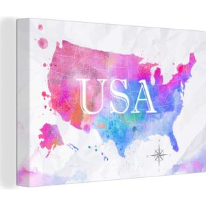 Canvas Wereldkaart - 180x120 - Wanddecoratie Wereldkaart - Waterverf - Verenigde Staten