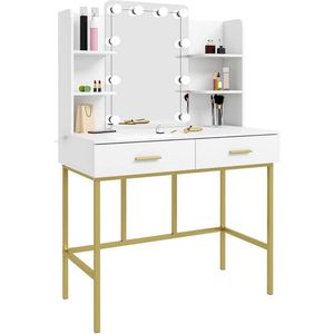 WARRAICH-Kaptafel met spiegel en LED-licht – 2 laden, melamine en metalen frame, wit met goudaccenten