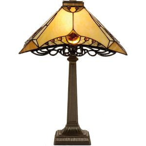 HAES DECO - Tiffany Tafellamp 36x36x50 cm Bruin Beige Glas Driehoek Tiffany Bureaulamp Tiffany Lampen Glas in Lood