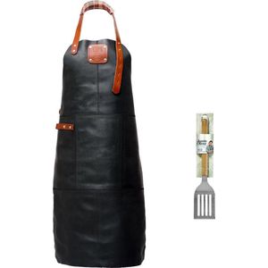 Premium – bbq schort – zwart-cognac ruit – bbq schort mannen – 100% premium leder – inclusief jamie oliver bbq spatel - bbq schort leer man - Cadeau