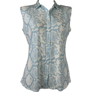 Angelle Milan – Travelkleding voor dames – Lichtblauw/witte Mouwloze Blouse – Ademend – Kreukherstellend – Duurzame blouse - In 5 maten - Maat XL