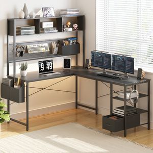Hoekbureau – Computerbureau – Game Bureau – L-Vormig Bureau – Bureau Gaming – Met Metalen Frame – Inclusief Lade en Planken – 170 cm Grijs
