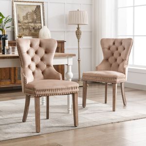 Sweiko Eetkamerstoel (Keukenstoel, Woonkamer Stoel met unieke deurringen op de rug, 2-delig), zachte kussensstoel met spijkerkopdecoratie, massief houten poten, Fluwelen hoes, Bruin