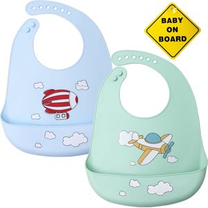 Flouer Siliconen Slabbetje Baby - 2 Stuks - Inclusief Baby on Board Sticker - Blauw en Groen