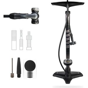 Fietspomp met manometer voor alle ventielen - hogedruk-fietspomp incl. balnippel - geschikt voor e-bikes mountainbikes racefietsen - grijs Voetbalpomp