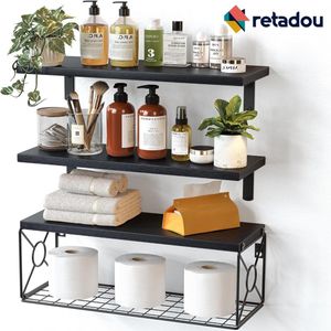 Retadou - zwevende plank, wandplank, houten planken, set van 3 + 1 voor slaapkamer, badkamer, woonkamer, keuken, thuiskantoor, bijkeuken, zwart