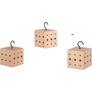 WONDERMAKE® set van 3: design insectenhotel klein, kubus van beukenhout met 3x 42 nestplaatsen, bijenhotel hangend nesthulpmiddel voor wilde bijen, bruin zwart