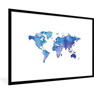 Fotolijst incl. Poster - Wereldkaart - Waterverf - Blauw - 120x80 cm - Posterlijst