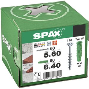 SPAX pluggen type SD 8 x 40 mm + SPAX universele schroef, 5 x 60 mm, verzonken kop, deeldraad, T-STAR plus T20, WIROX, 60 + 60 stuks - 5000001200025