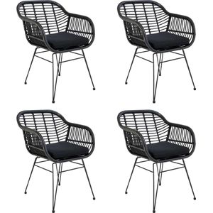 QUVIO Fauteuil tuinstoel Jade - Eetkamerstoelen - Eetkamerstoel - Zwarte tuinstoel - Met kussen - Staal - PE rattan - Zwart - Set van 4