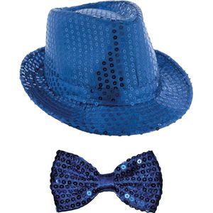 Toppers - Carnaval verkleed setje - glitter hoedje en vlinderstrikje - blauw - volwassenen - met pailletten