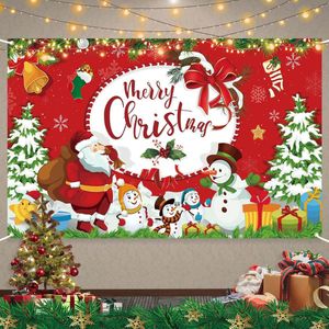 Vrolijk kerstbannerdecoratie, grote rode kerstdecoratie met kerstman, sneeuwpop, kerstboom, hangende kerstachtergrond, bord voor binnen en buiten, binnenplaats, kerstfeestdecoratie