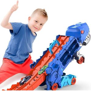 Toy Transporter 2 in 1 Ultieme dinosaurustransporter met licht en geluid (Hetzelfde model als Hot Wheels, 1 stuk, speelgoedopberger voor 20 auto's, waarvan 8 speelgoedauto's), speelgoed voor kinderen vanaf 4 jaar, transportwagen, met racebaan