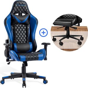 FOXSPORT Gamestoel - Bureaustoel - Gaming Chair - Nek - en Rugkussen - Verstelbare Zithoogte - Kantoor/Thuis /Gaming - Zwart/Blauw - Met bureaustoel vloermat