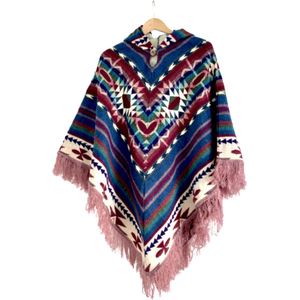 Poncho-Alpaca-Wol-Roze-Blauw-Warm-Native patroon-Capuchon | Tussenjas