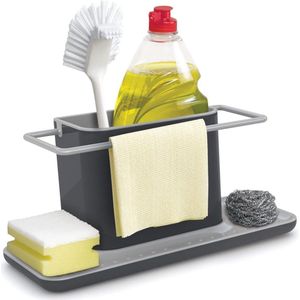Gootsteenhouder met geïntegreerd afdruiprek - houder voor spons, borstel, afwasmiddel en vaatdoek - verwijderbaar - Grijs - Keukenorganizer