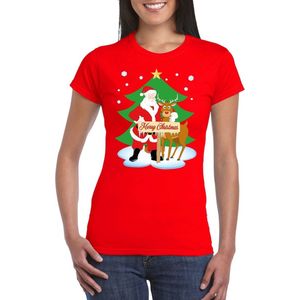 Foute Kerst t-shirt met de kerstman en rendier Rudolf rood voor dames XXL