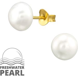 Joy|S - Zilveren parel oorbellen - 8 mm - fresh water pearl - gold plated