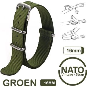 16mm Nato Strap Leger Groen - Vintage James Bond - Nato Strap collectie - Mannen - Vrouwen - Horlogebanden - Legergroen 16 mm bandbreedte voor oa. Seiko Rolex Omega Casio en Citizen