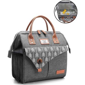 HN® Lunchtas grijs pijlen, geïsoleerde koeltas, lekvrij, extra grote opening voor de lunch box, 25×16,5×26cm design heren en dames