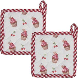HAES DECO - Set van 2 Pannenlappen voor een kind - formaat 16x16 cm - kleuren Wit / Rood / Roze - van 100% Katoen - Collectie: Cherry Cupcake - Kinder Pannenlap