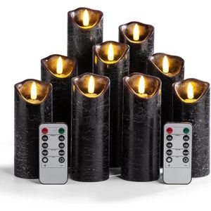 Led Kaarsen met Bewegende Vlam Set van 9 kaarsen-batterij-echte-wax-afstandsbediening-timer-bruiloft-verjaardag-Halloween-kerstdecoraties-zwarte kleur