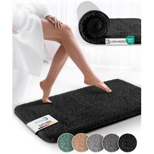 Beautissu BeauMare FL – Badmat Antislip 80x50 cm Zwart – Hoogpolig Tapijt – Voor Vloerverwarming – Zacht Badmat voor Douche Badkuip WC