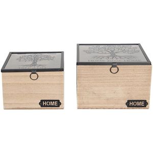 Clayre & Eef Opbergdoosje Set van 2 18x18x12 cm Bruin Hout Glas Vierkant Opbergkist