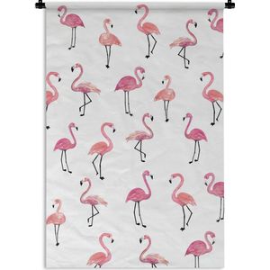 Wandkleed FlamingoKerst illustraties - Patroon van roze flamingo's op een witte achtergrond Wandkleed katoen 60x90 cm - Wandtapijt met foto
