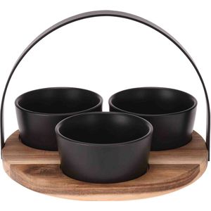 Excellent Houseware Serveerplank - rond - 3 schaaltjes - acaciahout - 22 cm