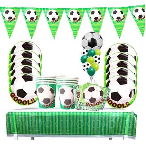 52 delige voetbal feest decoratie set - Uitdeel - Traktatie - Football - Verjaardag - Feestje - Servetten - Bekers - Bordjes - Slinger - Vlaggetjes - Tafelzeil - Goal