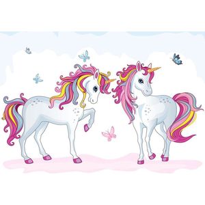 Vliesbehang met 2 Unicorns XXL – kinderkamer – posterbehang – behang eenhoorns - 368 x 254 cm – roze