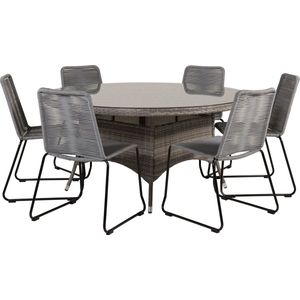 Volta tuinmeubelset tafel Ø150cm en 6 stoel Lindos zwart, grijs.