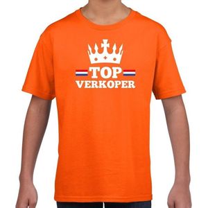 Top verkoper met kroontje t-shirt / shirt oranje kinderen - Koningsdag kleding 110/116