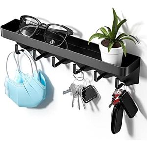 Selbro ® Sleutelrek met plank en 6 haken, ruimtebesparende draagbare organizer, sleutelrek, sleutelbord zonder boren, wandmontage voor het opbergen van sleutels aan de ingang, hangend keukenbestek
