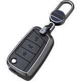 Autosleutelhoes VW Golf 7 MK7 Jetta T-ROC Seat Leon 3 Ibiza Ateca Skoda Fabia Karoq - metaal leer - sleutelcover sleutelhanger - sleutelhoes sleutelbescherming zwart