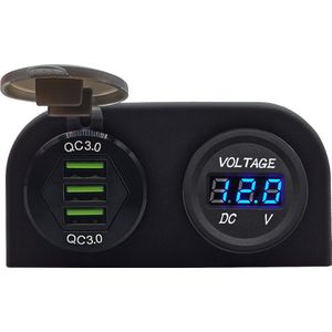 ProRide 12V USB Autolader 3 Poorten Opbouw - QC3.0 - DS2085B - Tweevoudig opbouw met Voltmeter - Blauw