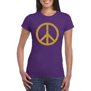 Toppers Paars Flower Power t-shirt gouden glitter peace teken dames - Sixties/jaren 60 kleding M