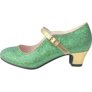 Prinsessen schoenen hakken meisje groen goud, Spaanse schoenen - maat 32 (binnenmaat 21 cm) bij jurk - verkleedschoenen - cadeau verjaardag -