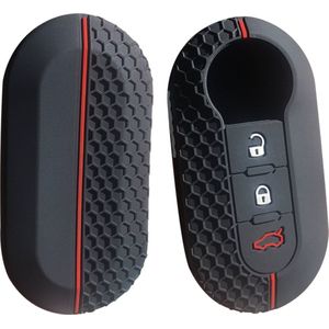 Siliconen Sleutelcover SPORT - Rode en Witte Details - Zwart Sleutelhoesje Geschikt voor Fiat 500 / 500L / 500X / 500C / Panda / Punto / Stilo - Sleutel Hoesje Keycover - Auto Accessoires