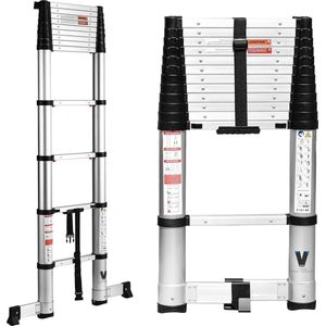 Telescopische ladder 38 m - Uitbreidbare trapladder, éénknop-retractie - Aluminium inklapbaar - Slow down design - Thuis RV loft - Maximale capaciteit 150 kg Telescopische ladder