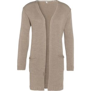 Knit Factory Ruby Gebreid Vest Linnen - Gebreide dames cardigan - Middellang vest reikend tot boven de knie - Beige damesvest gemaakt uit 10% wol, 5% Alpaca, 10% viscose en 75% acryl - 40/42 - Met steekzakken