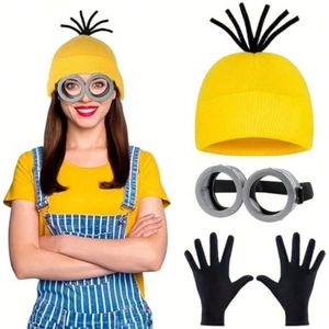 Minions Verkleed Outfit - Verkleden - Kleding - Minions - Gele Muts, Zwart/Grijze Bril en Zwarte Handschoenen - Carnaval - Feest - Festival - One Size