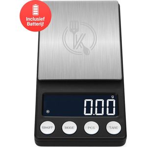 Kitchenwell digitale mini precisie keukenweegschaal - 0,01 tot 200 gram - 14.2 x 7.5 cm - pocket scale op batterij - weegschaal keuken