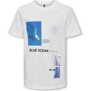 ONLY KOBNILAS S/S TEE BOX JRS Jongens T-shirt - Cloud DancerPrint:Ocean - Maat 146/152