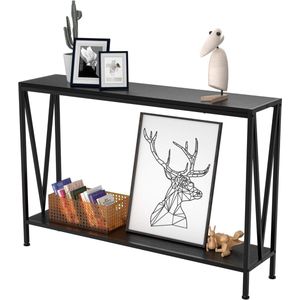 Smalle houten consoletafel met opbergruimte - houten en metalen salontafel - plank bijzettafel voor entree woonkamer - zwart - 110D x 25B x 76H cm Consoletafel