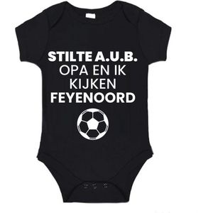 Soft Touch Rompertje (zwart) met witte Tekst - Stilte AUB, opa en ik kijken FEYENOORD met bal | Baby rompertje met leuke tekst | | kraamcadeau | 0 tot 3 maanden | GRATIS verzending