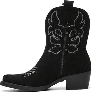 SmileFavorites® Dames Cowboylaarzen met Hak Kort - Zwart - Suedine - Maat 37